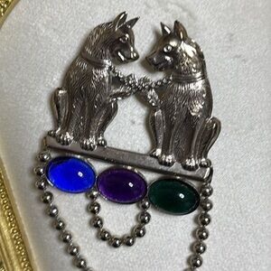 Unique Vintage Retro Dog Wolf? Ball Chain Colorful Silver Tone Brooch